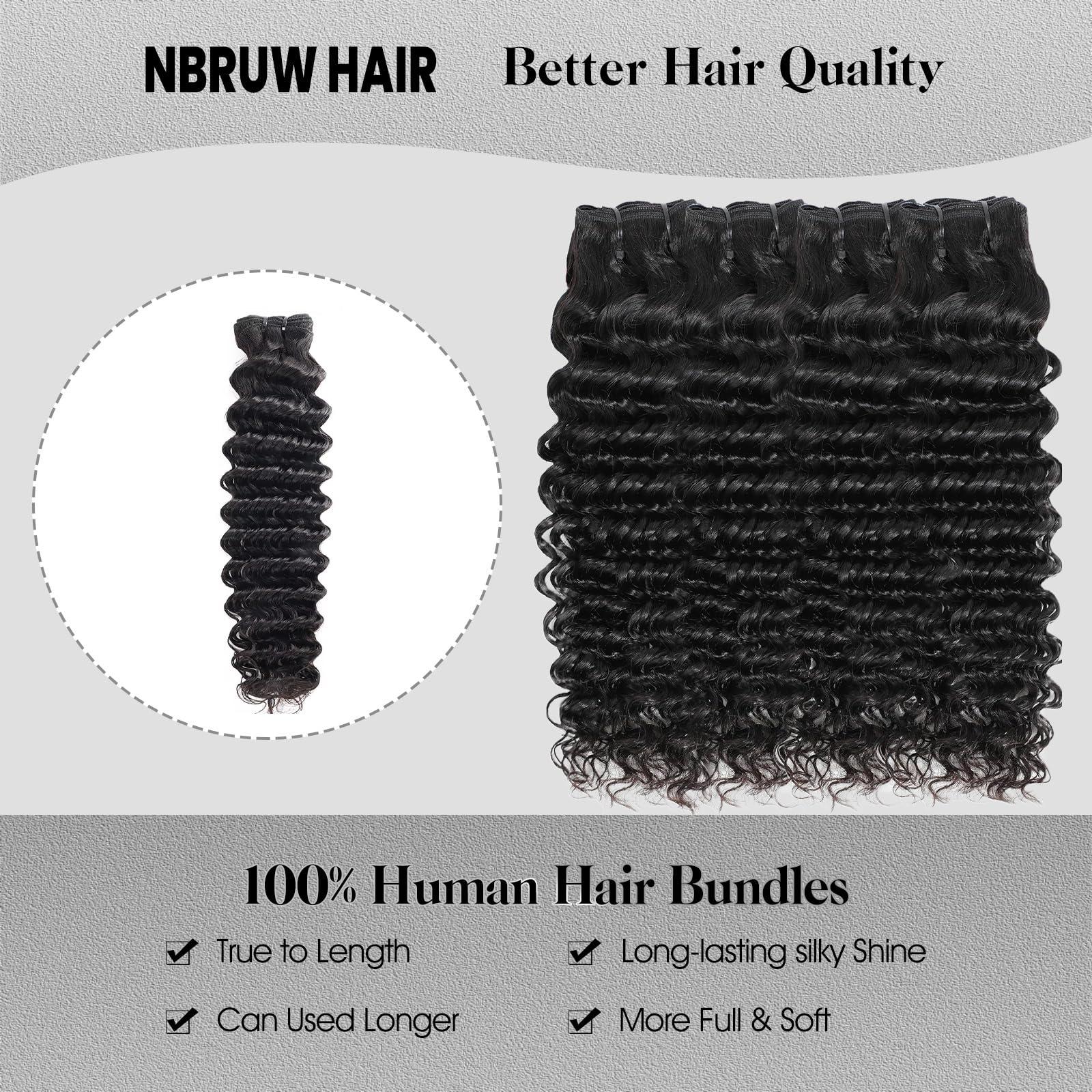 NBRUW Human Hair Bundles 20 22 24 26 Inch Deep Wave Bundles Human Hair 12A 4 Bundles Human Hair 100% Unprocessed Virgin Deep Curly Human Hair Bundles Deals Real Human Hair Extensions Natural Black