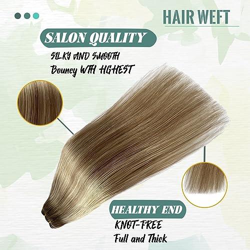 Smavida Ombre Blonde Hair Extensions Sew in Human Hair,14 Inch Light Brown Mixed Platinum Blonde Highlights Blonde Sew in Hair Extensions Real Human Hair Balayage Remy Human Hair Weaves for Women Full Ends