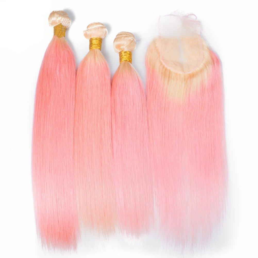 Ruma Hair Ruma Hair #613/Pink Dark Roots Ombre Human Hair Extensions With 4x4 Lace Closure 4Pcs Lot Two Tone Blonde and Pink Ombre Virgin Hair Silky Straight 3 Bundles With Top Closure (22 with 24 26 28)