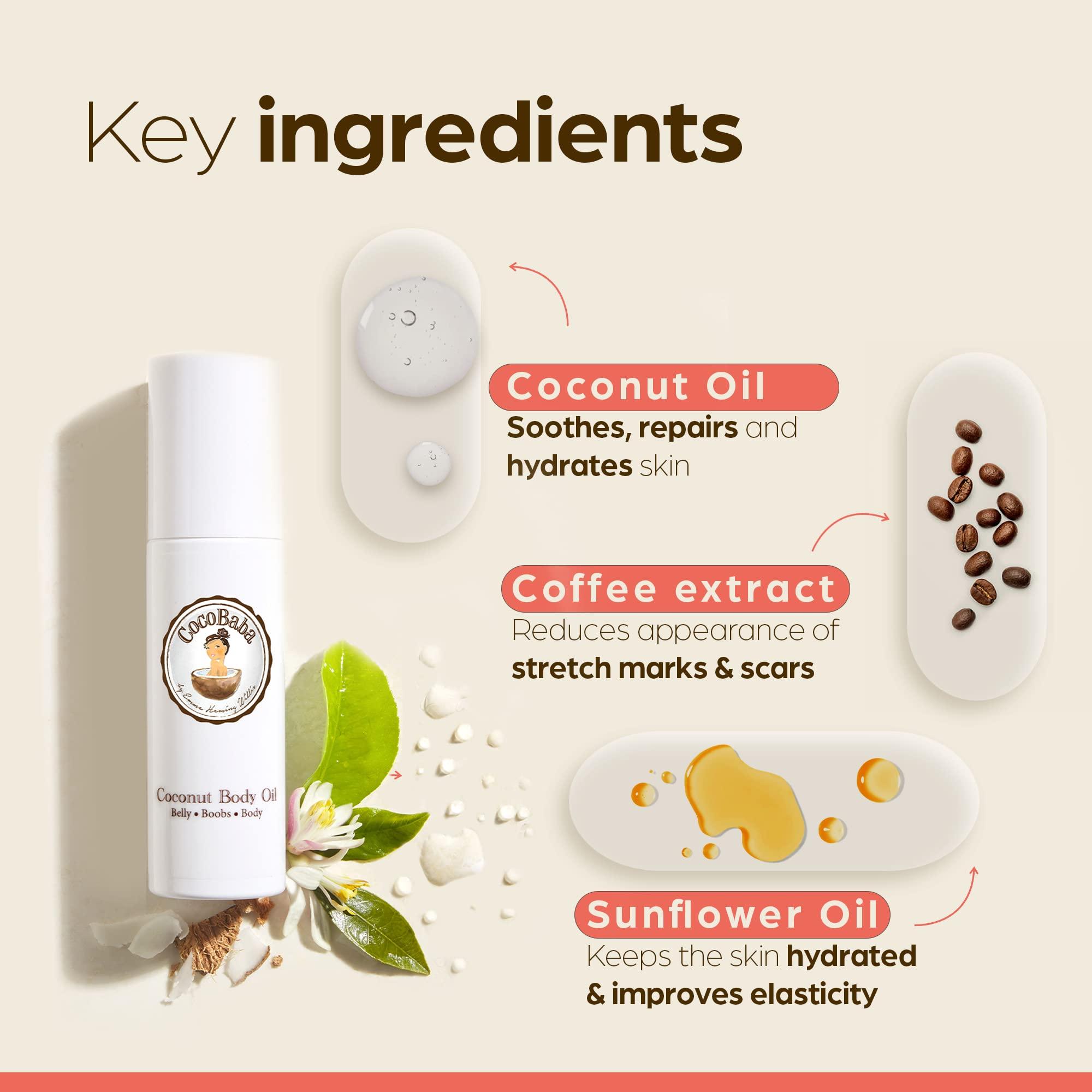 COCOBABA BY EMMA HEMING WILLIS Coconut Stretch Mark Oil (4oz) | Non Greasy | Belly Oil for Pregnancy | Paraben-Free | Pregnancy Stretch Mark Prevention | Stretch Marks Cream | Belly Oil for Pregnancy Prevent Stretch Marks