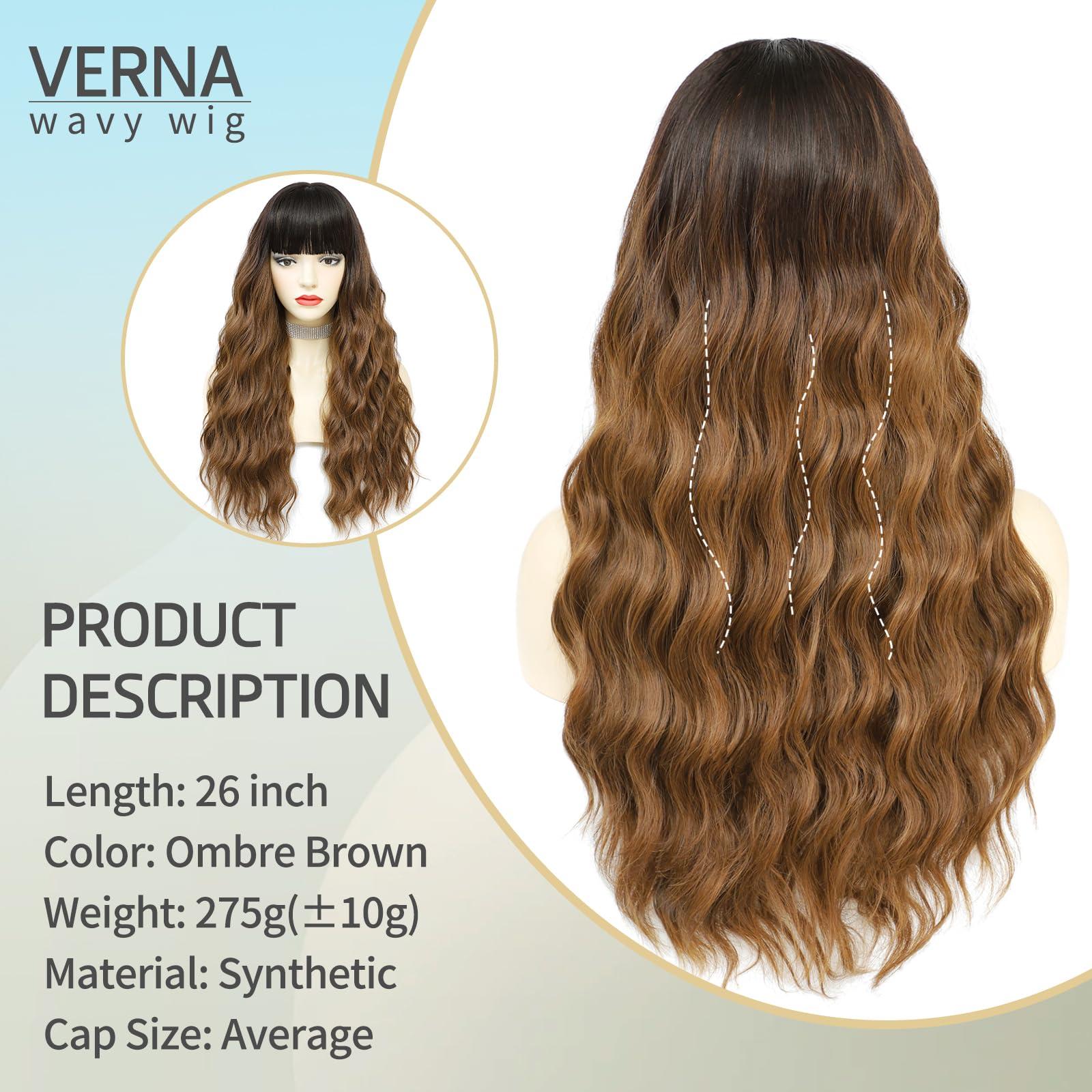 VERNA VERNA Ombre Brown Wig with Bangs, 26 Inch Long Brown Wigs for Women, Natural Looking Brown Curly Wavy Wig, Heat Resistant Brown Hair wig, Middle Part Synthetic Wig for Daily Party Use(Ombre Brown)