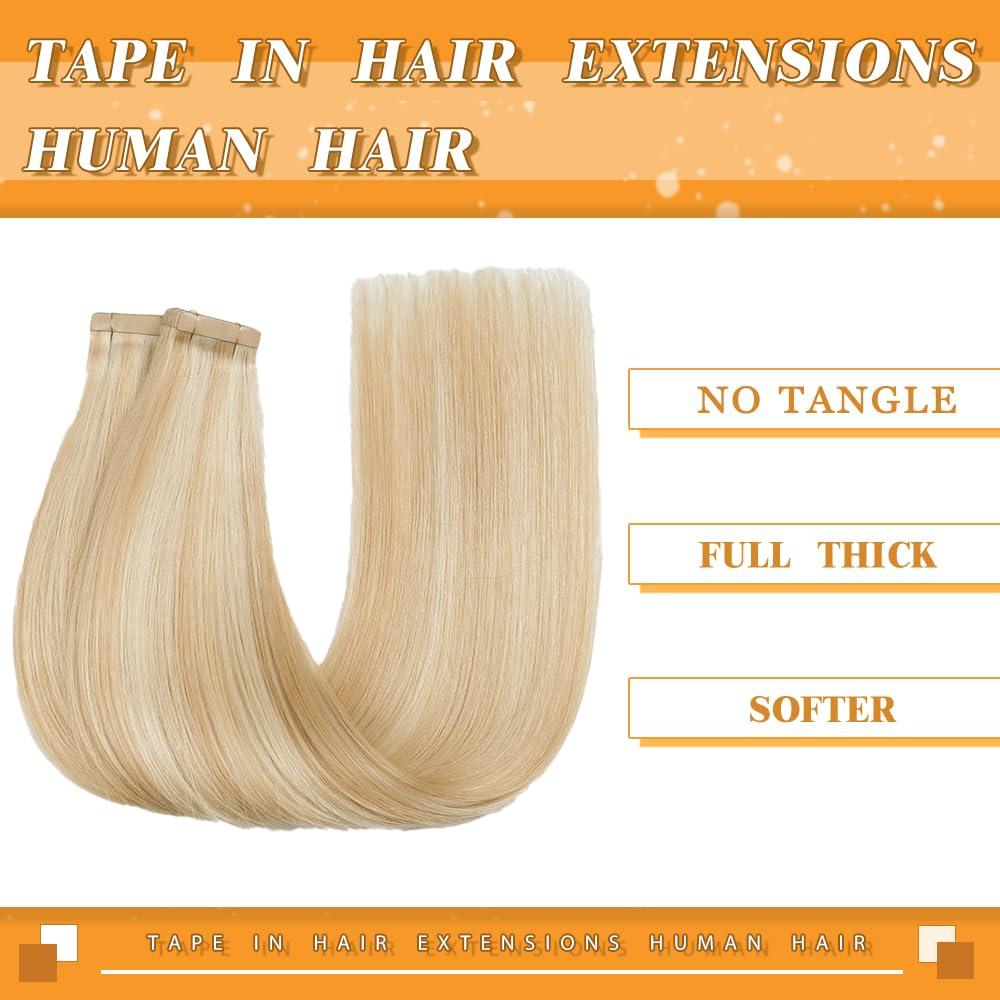 YDDM 20pcs 24 Inch Tape in Hair Extensions Human Hair, Remy Human Hair Extensions Tape in Straight Tape Hair Extensions Skin Tape in Hair Extensions Ash Blonde Highlighted Bleach Blonde(P18/613#, 24 Inch)