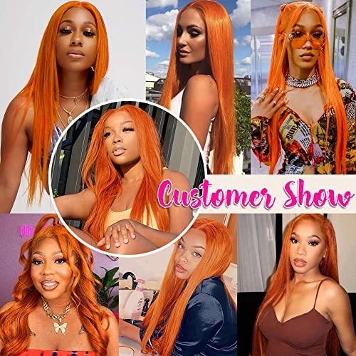 Hermosa Hermosa 13x4 Ginger Orange Straight Lace Front Wigs Human Hair Pre Plucked 180 Density Glueless HD Transparent Lace Frontal Human Hair Wigs for Women 28 inch