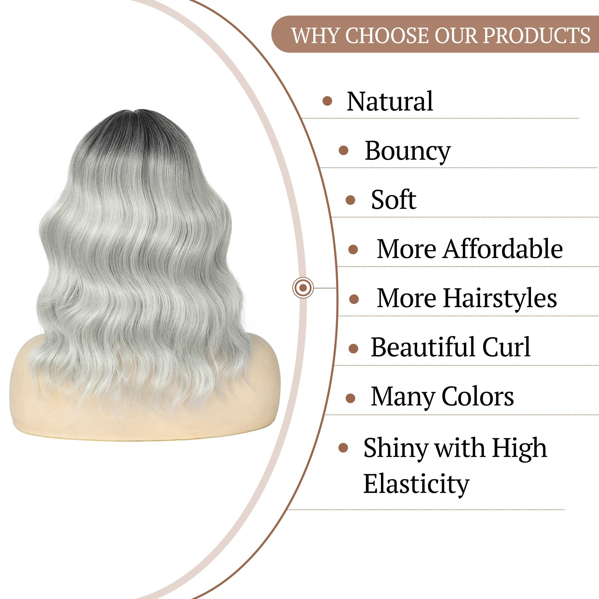 Miuric Miuric Short White Silver Wig with Bangs Ombre Grey Wigs for Women Girls Wavy Bob Wig Shoulder Length Synthetic Hair Dark Roots Wig for Halloween Cosplay Party Daily(14 Inches)