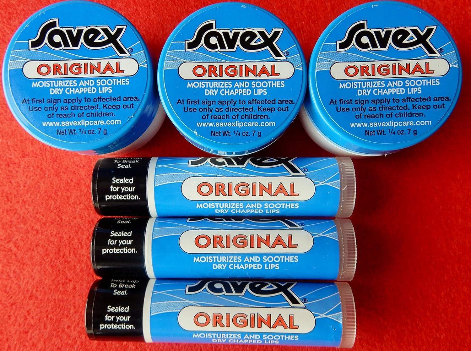 Savex 6 X SAVEX 3 ORIGINAL JARS & 3 STICKS LIP BALM FOR DRY & CHAPPED LIPS. MADED IN USA. UP-GRADE TO EXPEDITED MAIL. U.S. SELLER
