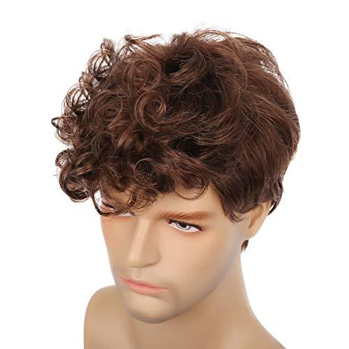 Kaneles Kaneles Mens Brown Wig Short Curly Fluffy Synthetic Halloween Cosplay Hair Wig for Male Guy (Brown)