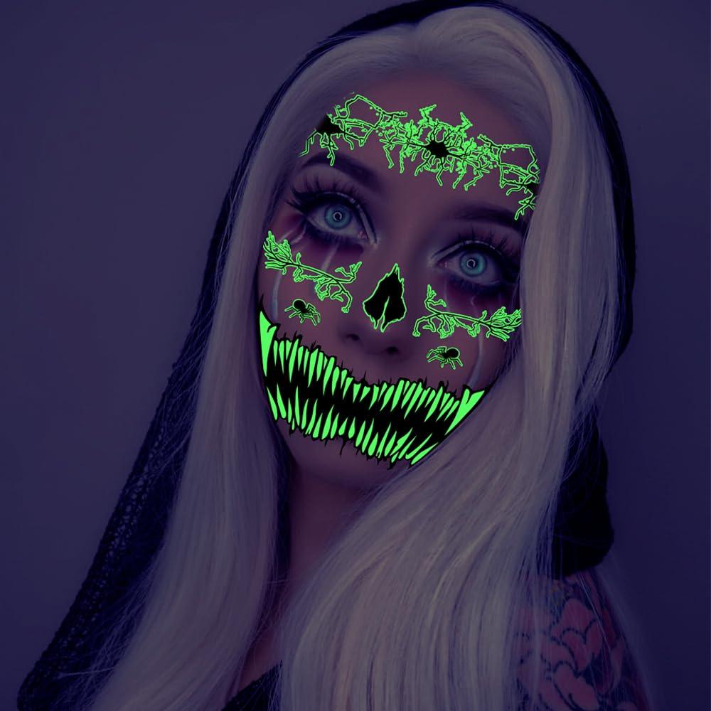 Doneace 10 Sheets Halloween Glow In The Dark Tattoos Face Luminous Temporary Tattoo Waterproof Last Long Glitter Tattoos Stickers Scary Zombie Makeup Kit For Kids Women Girls Boys Adults Party Supplies