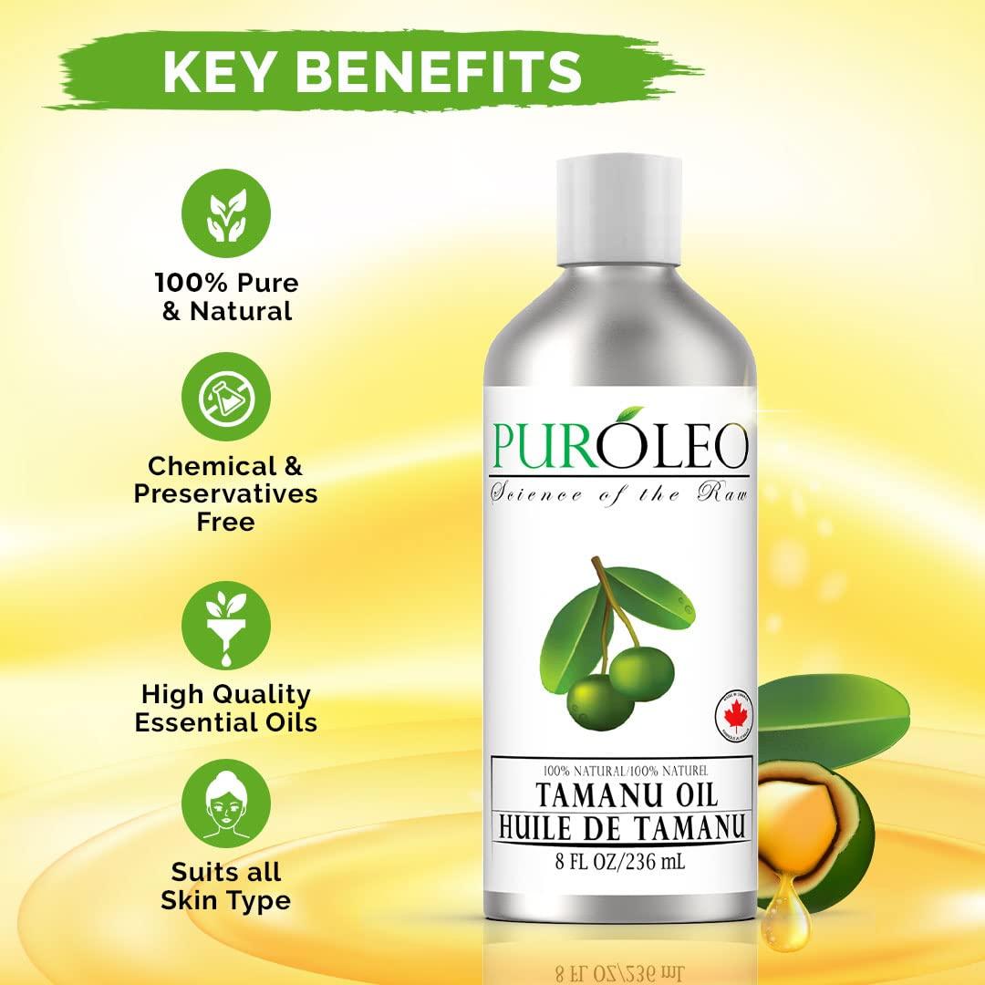 PURLEO PUROLEO Tamanu Oil 8 Fl Oz/236 ML (Packed In Canada) 100% Pure Certified | Natural Cold Pressed Unrefined Oil for Hair & Face Premium packaging with Eye Dropper tamanu oil for face skin virgin