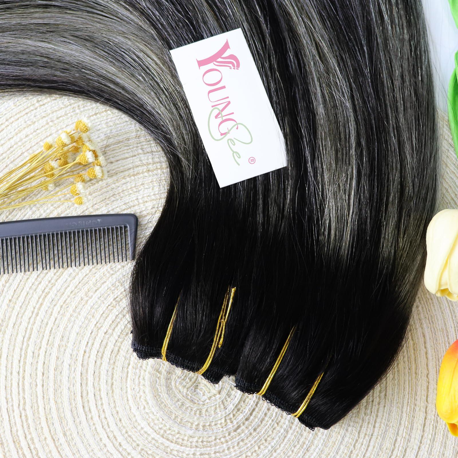 YoungSee YoungSee Wire Human Hair Extensions Ombre Black Wire Real Hair Extensions Black Ombre Silver Balayage Wire Couture Hair Extensions Black Hair Wire Extensions No Damage to Natural Hair 18Inch 80G