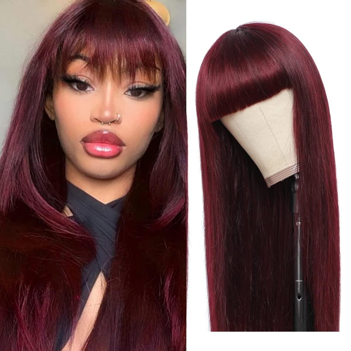Kislemon Burgundy Wig Human Hair Red Wigs with Bangs Brazilian Virgin Straight Wig with Bangs Full Machine Made None Lace Front Wigs For Black Women 16 Inch