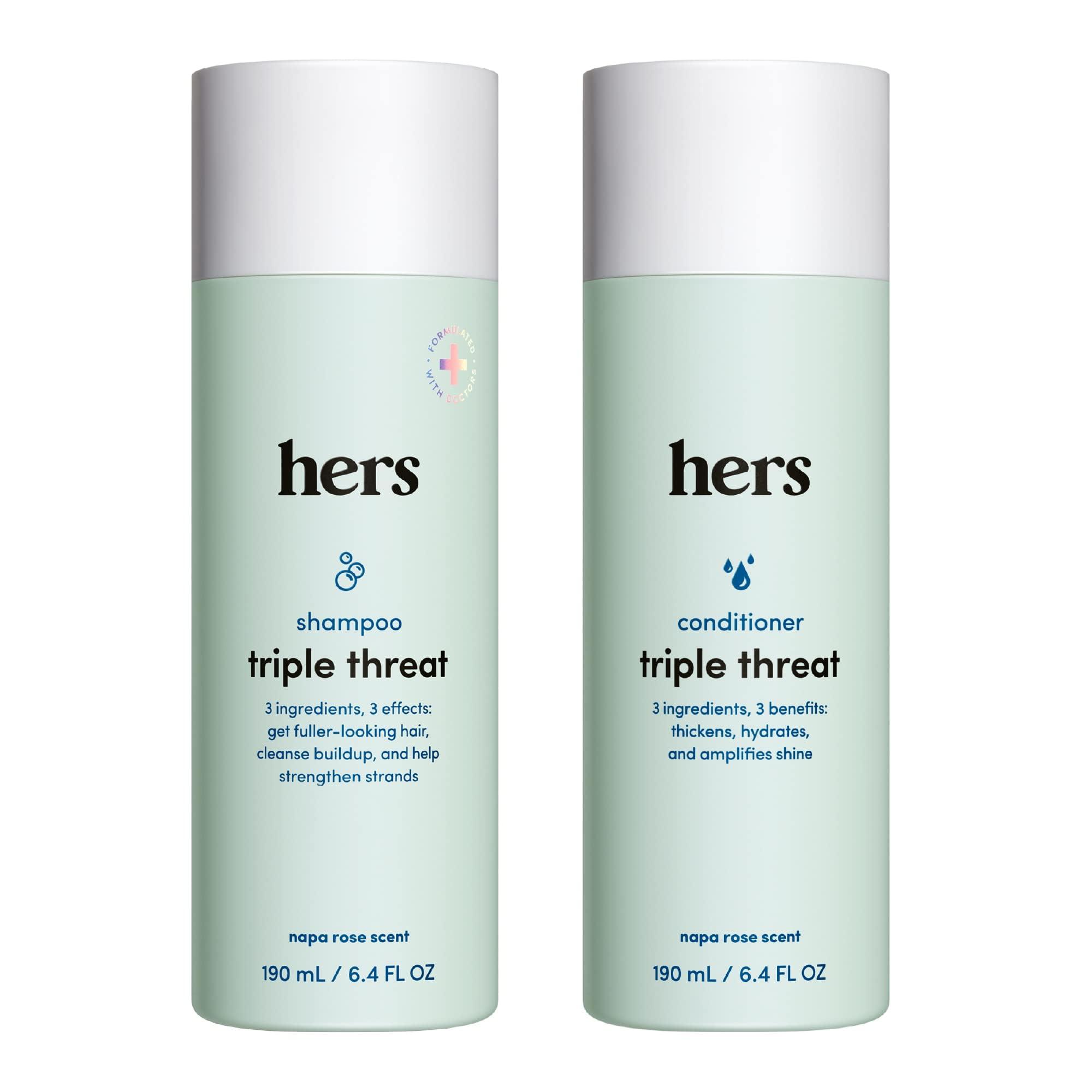 Hers hers Triple Threat Shampoo and Conditioner Set for Women- Thickening, Moisturizing, Reduces Shedding - Color Safe Hair Loss Shampoo and Conditioner- Napa Rose, 2 pack, 6.4oz