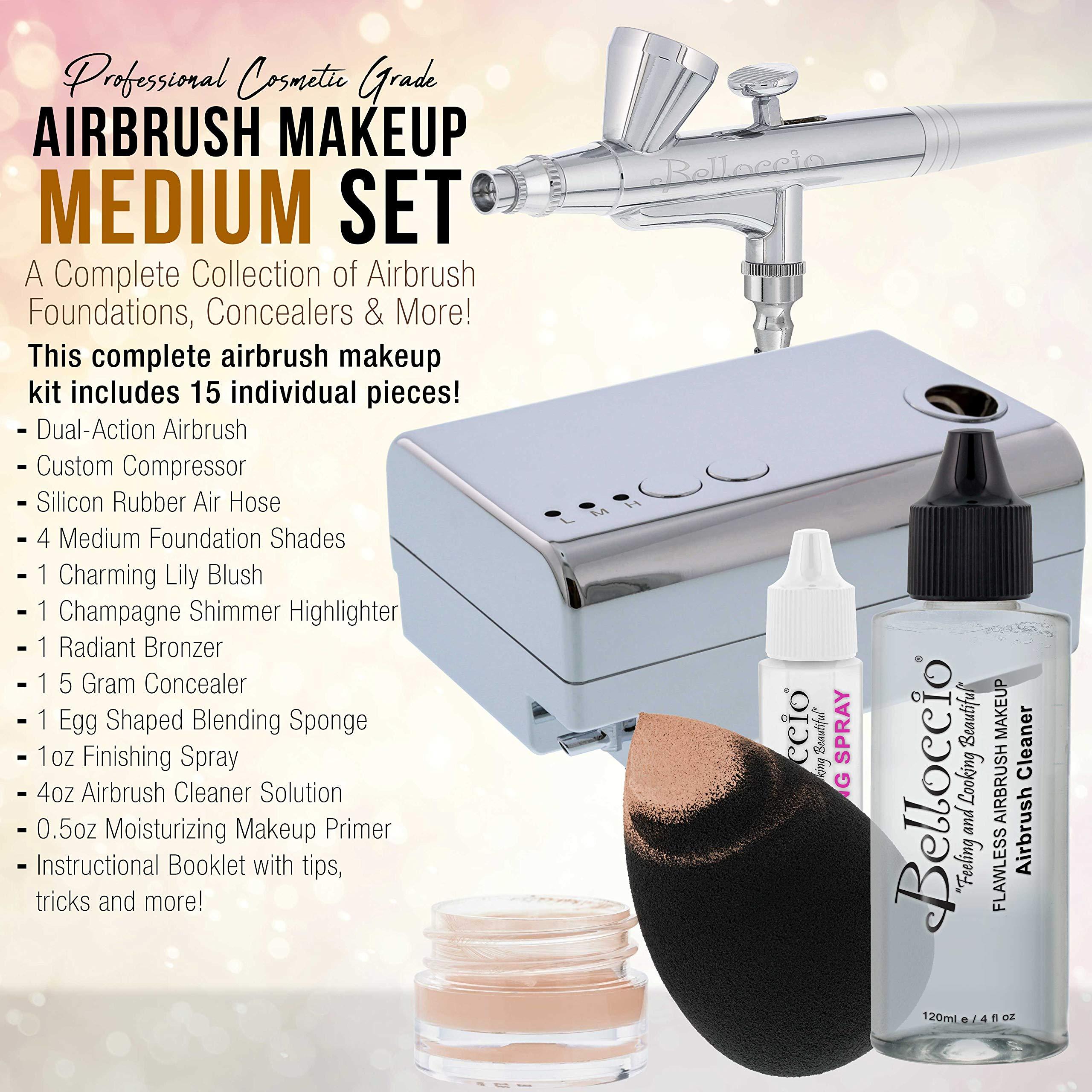 Belloccio Belloccio Professional Beauty Airbrush Cosmetic Makeup System with 4 Medium Shades of Foundation in 1/4 Ounce Bottles - Kit Includes Blush, Bronzer and Highlighters