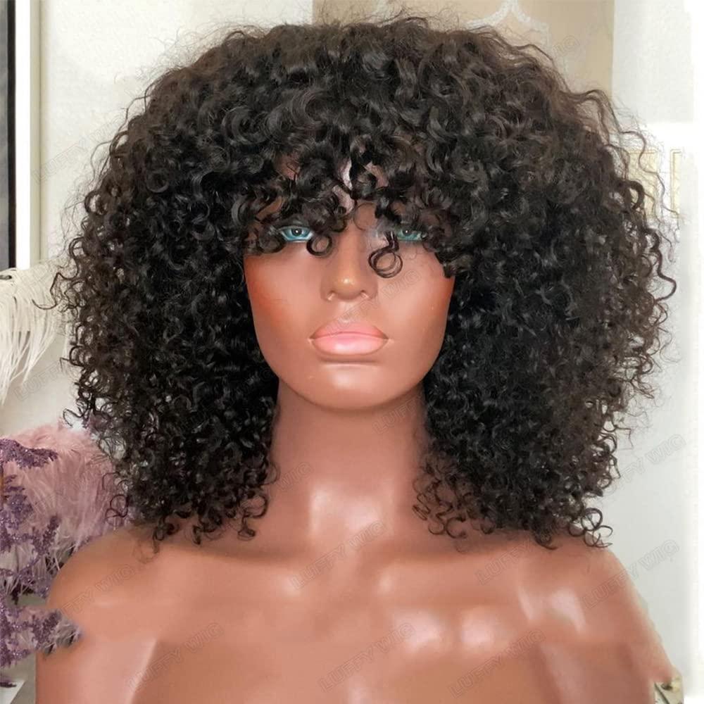 Young beauty Young beauty Curly Human Hair Wig With Bangs 100% Brazilian Human Hair Curly Wigs O Scalp Top Full Machine Made Wig for Black Women Loose Curly Wigs 180Density 20inch Natural Color