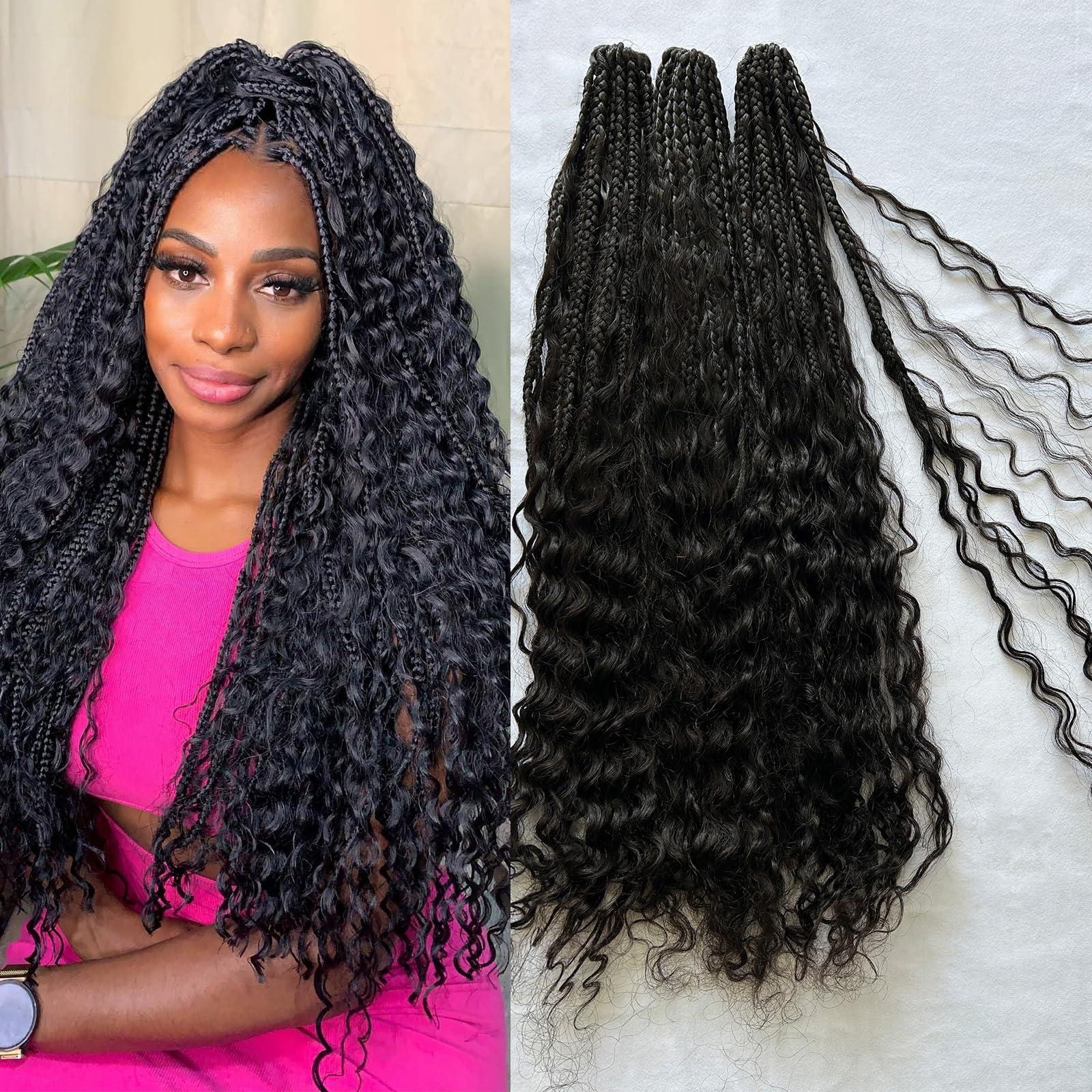 CHARMING YOU Boho Box Braids Crochet With Human Hair Curls Synthetic Braiding Pre-looped Goddess Hair Extensions Boho Knotless Braids for Women 18 Inch 40Strands