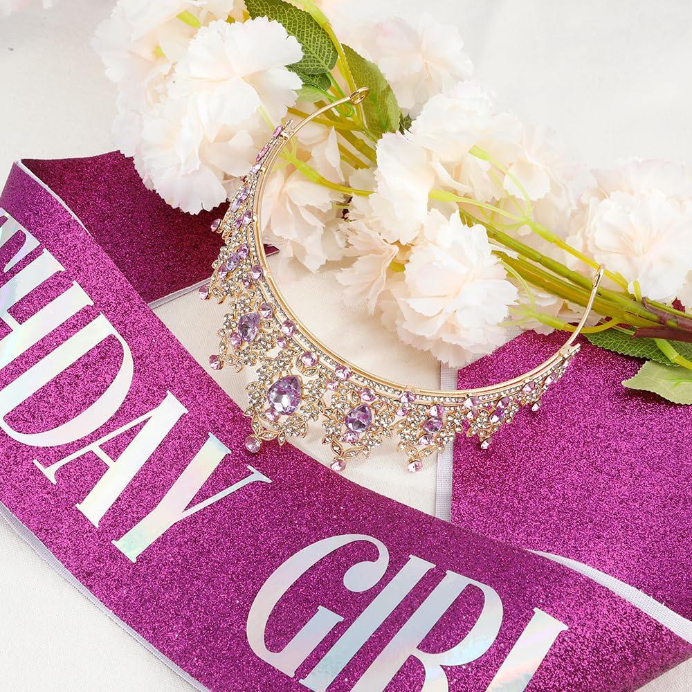 RGHSZ RGHSZ Birthday Crown Headband Birthday Sash Tiaras for Women Princess Crown Adult Birthday Crown and Sash Purple Crown Crystal Crown Headband Adult Purple Tiara Birthday Tiara and Sash, Gold+Purple