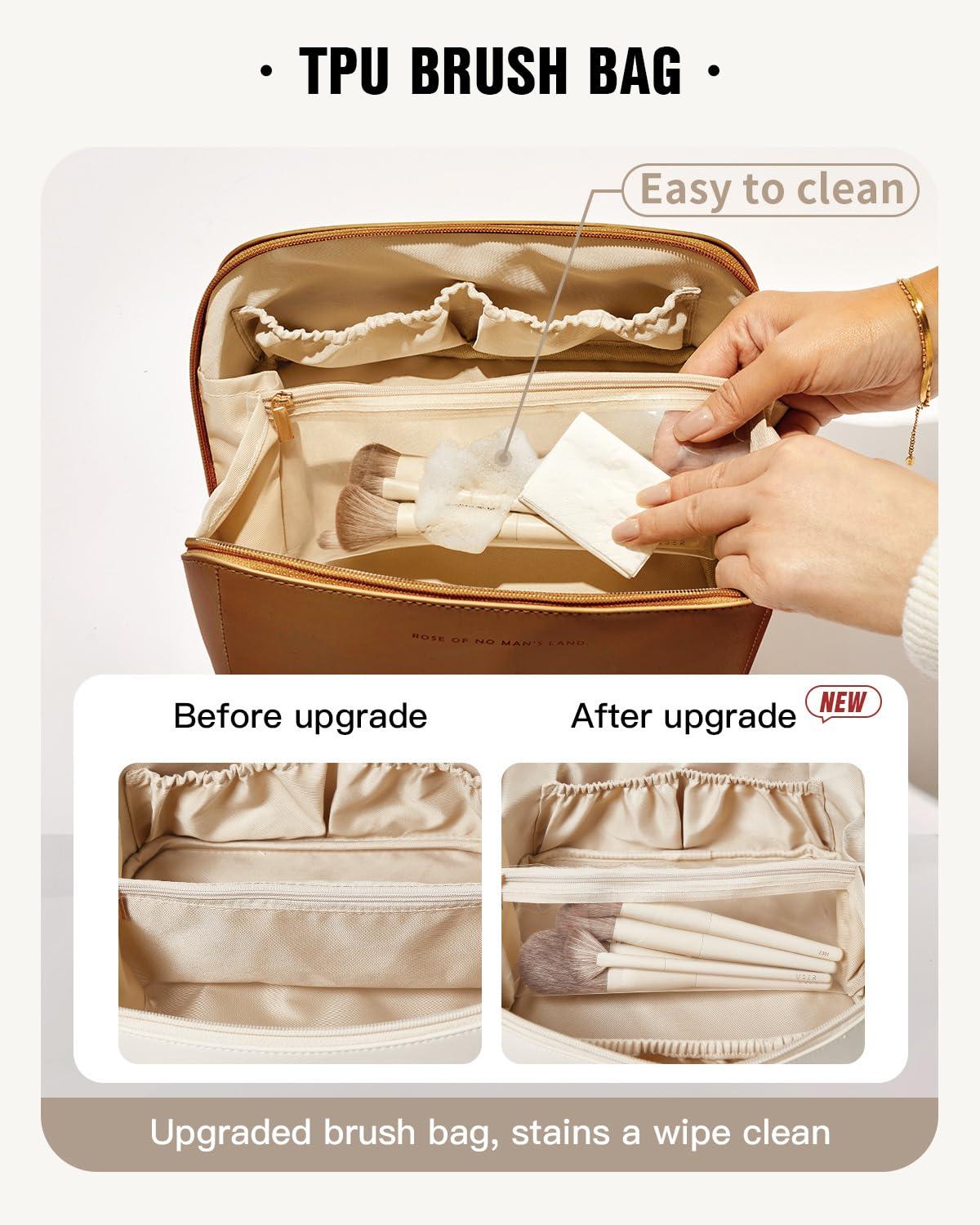 EACHY EACHY Travel Makeup Bag, Large Capacity Cosmetic Bags for Women, Waterproof Portable Open Flat Toiletry Bag Make up Bag with Divider and Handle, Gifts for Women (Plaid-Brown, Medium)