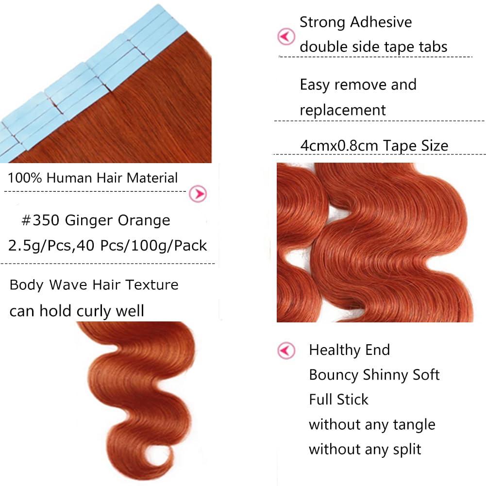 Kiss darling LASHES Ginger Tape in Hair Extensions 24inch 40pcs 100g Real Human Hair Extensions Body Wave Tape in Human Hair Seamless Remy Human Hair Extensions Full Head