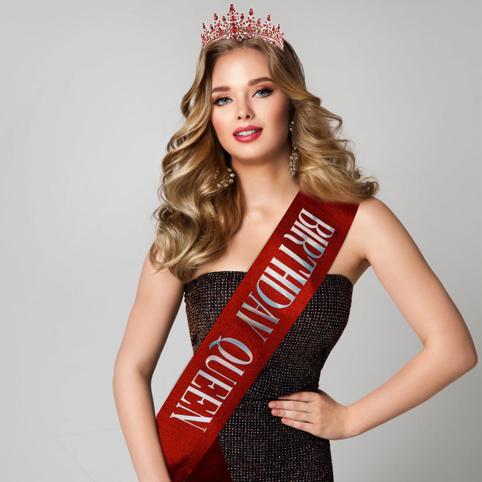 TIHEBAX Tihebax Birthday Queen Sash & Rhinestone Tiara Red Sliver Crown Birthday Sash and Tiara for Women Girls Princess Tiara Crown Birthday Accessories Headband and Sash for Girls