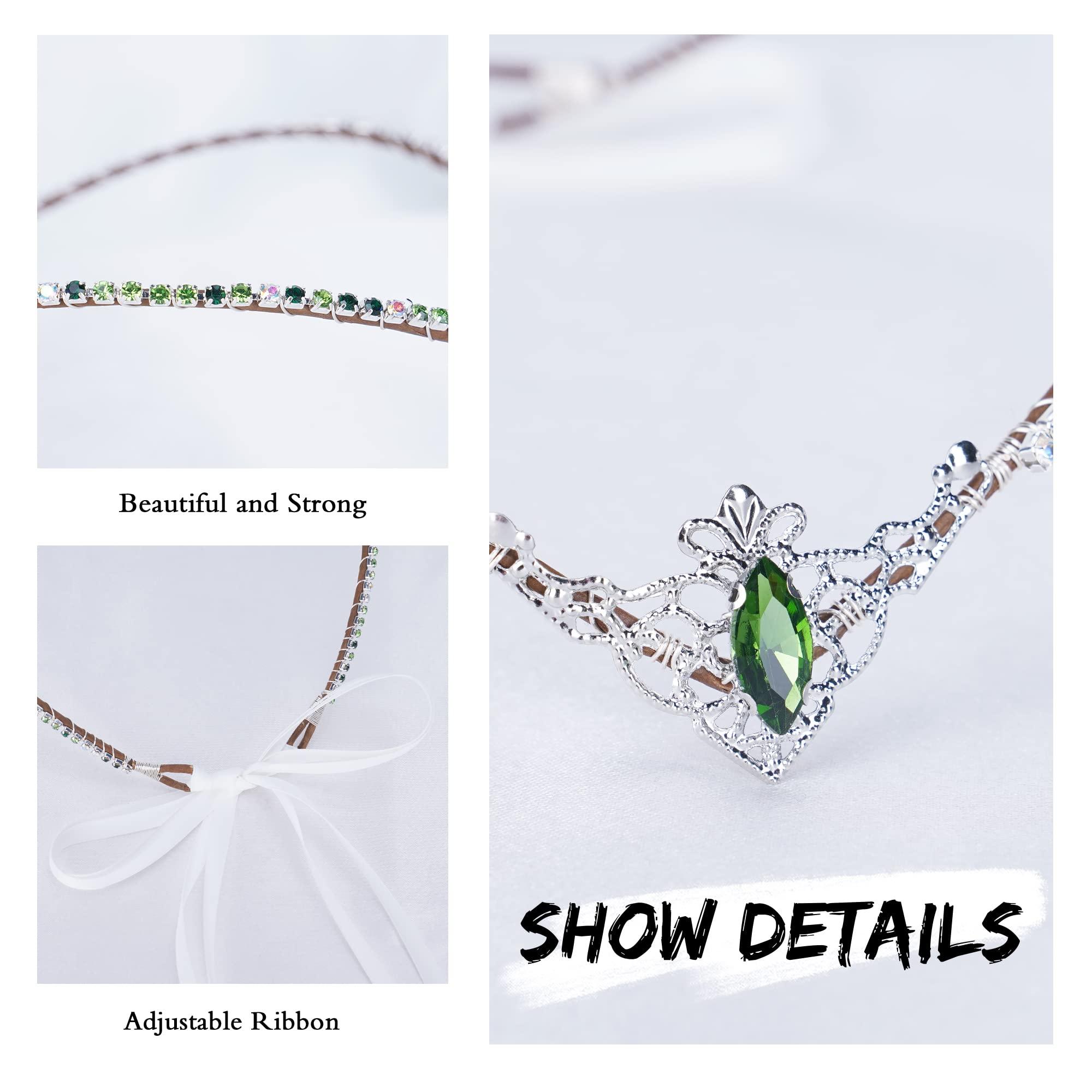 MOSTORY MOSTORY Handmade Green Crystal Tiara for Princess Wedding Rhinestone Fairy Crown Headband for Bridal Shower V-shape Woodland Elf Headpiece for Women Queen Bachelorette Party Medieval Fair Proms