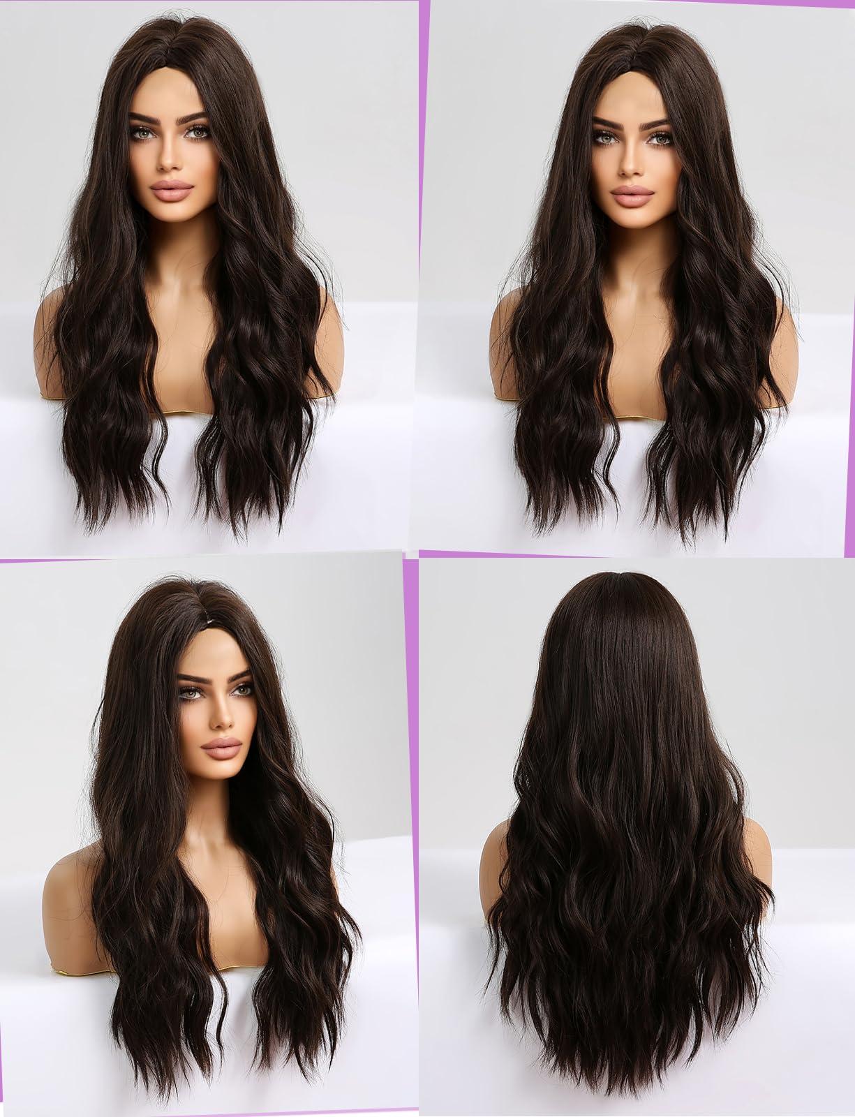 HAIRCUBE HAIRCUBE Long Dark Brown Wigs for Women Synthetic Curly Wavy Hair Wig for Daily