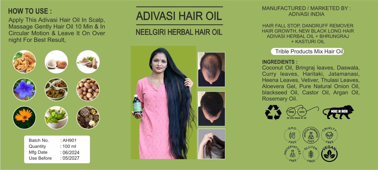 India Adiwasi Neelgiri Herbal Hair Oil with infusion of 108 Types of Herbs for Hair Growth, Anti Hair fall & Anti Dandruff Oil | Suitable for All Hair Types (Pack of 2), Black, Clear