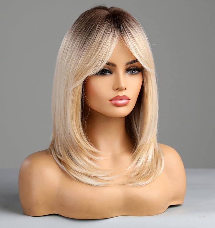 vedar vedar Honey Blonde Wigs with Bangs, Ombre Brown to Blonde Synthetic Hair Wig, Middle Part Shoulder Length Part Natural Straight Wigs for Women, VEDAR-163