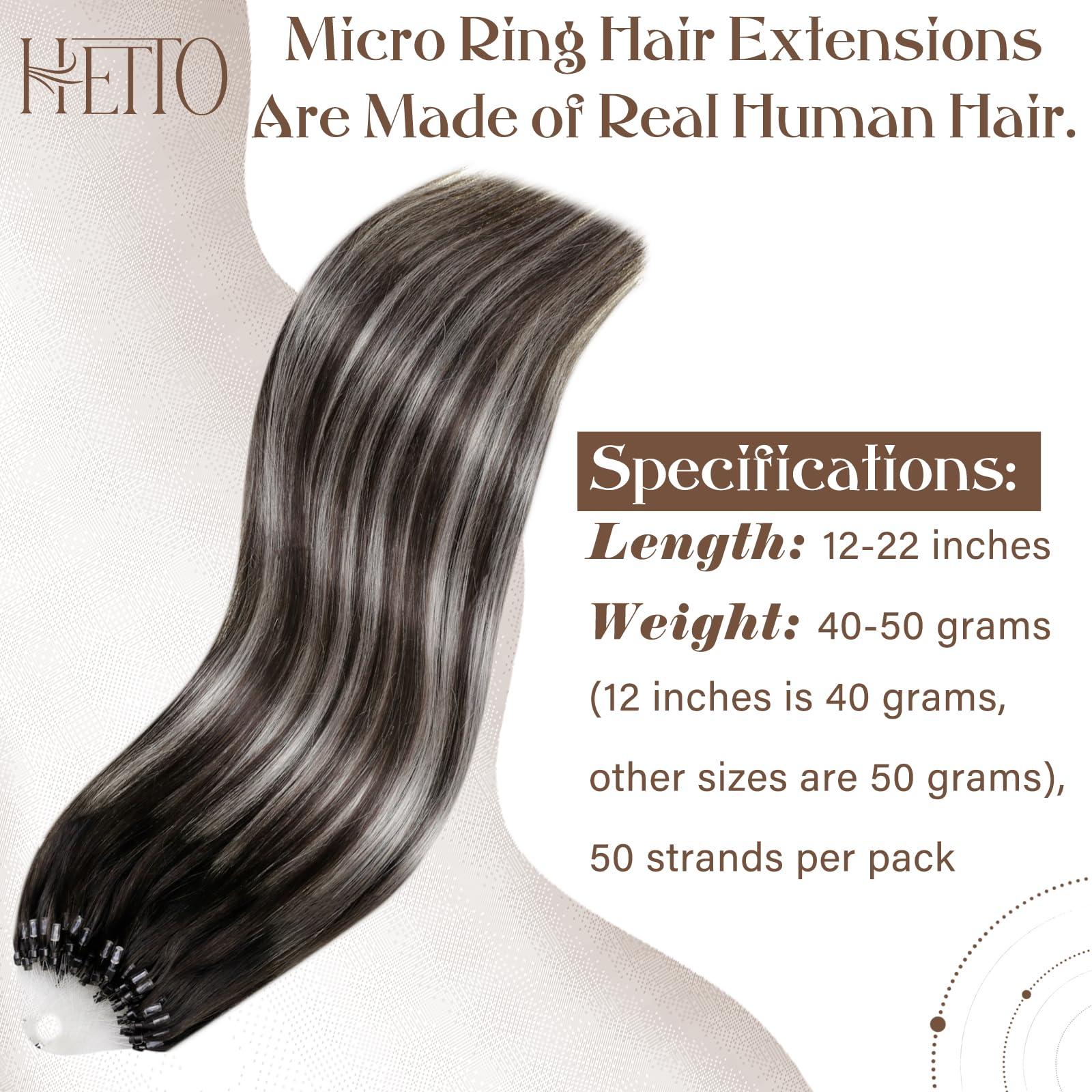 Hetto Hetto Micro Loop Hair Extensions Real Human Hair Ombre Black to Silver Remy Micro Beads Hair Extensions Natural Micro Link Hair Extensions Human Hair for Women 18 Inch 50g 50s