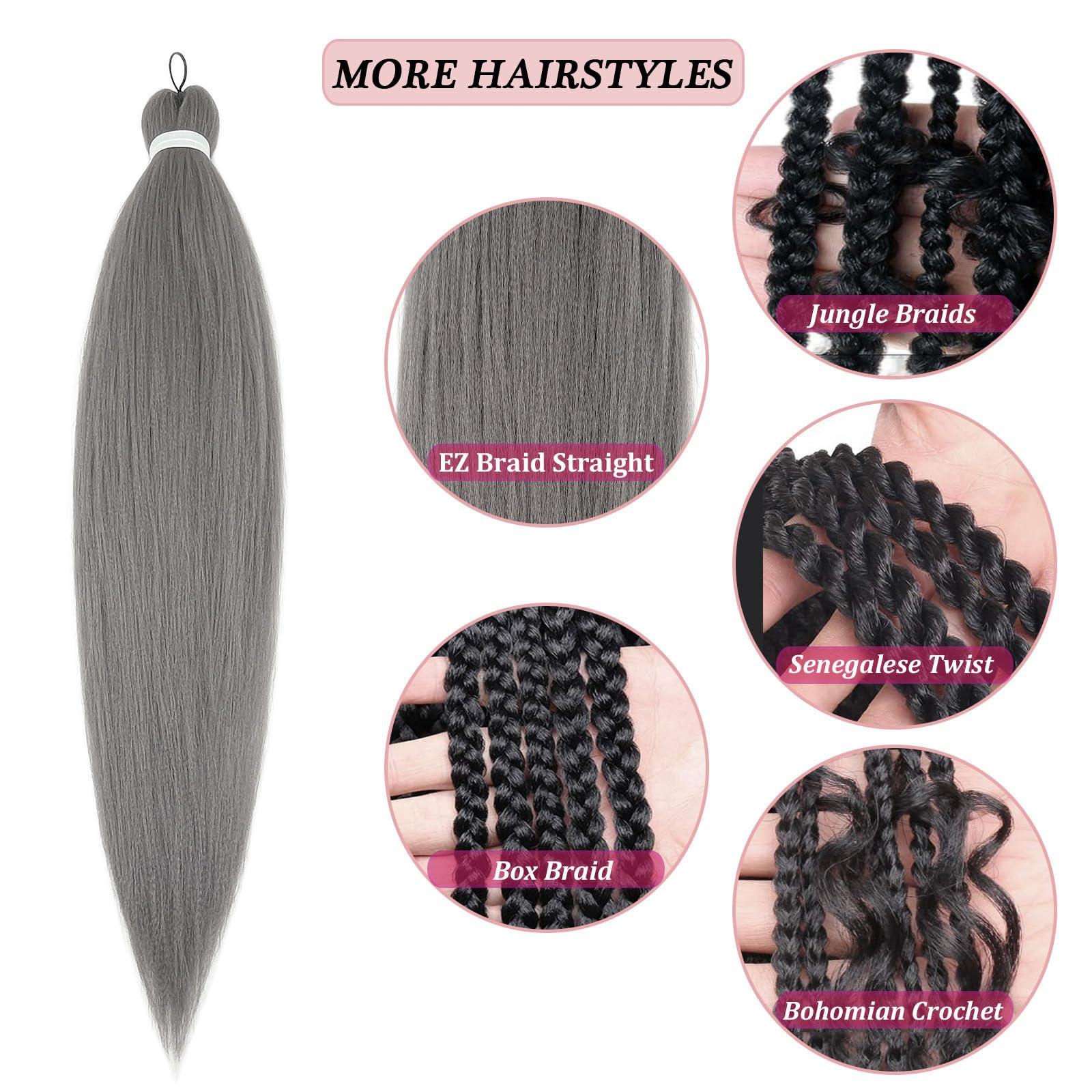 SIXERSI Grey Braiding Hair Pre Stretched Synthetic Hair for Braiding Micro Prestretched Braiding Hair 26 inch 3 Packs Long Itch Free Knotless Yaki Crochet Twist Box Braids Weave Braiding Hair Extensions