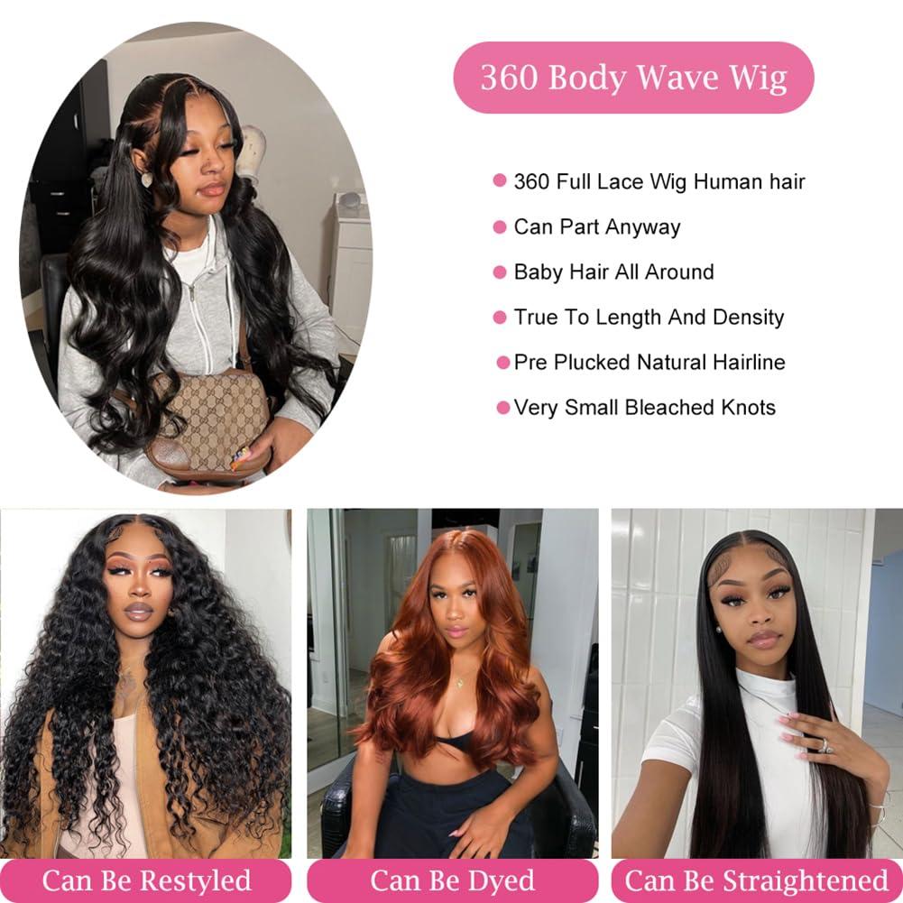 LARYNX LARYNX 360 Body Wave Lace Front Wigs Human Hair 360 Full Lace Human Hair Wigs Pre Plucked With Baby Hair 180% Density HD Transparent Human Hair Wigs For Women Natural Color 24 Inch
