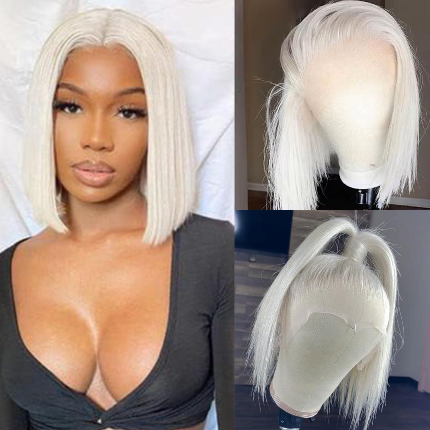 Byluxurious Byluxurious 60# Grey Platinum Blonde Wig Human Hair for White Pre Plucked HD Transparent Short Bob Wigs Human Hair Silver Ash White Lace front Wig For Women T Part Brazilian Hair 12 Inch 150 Density