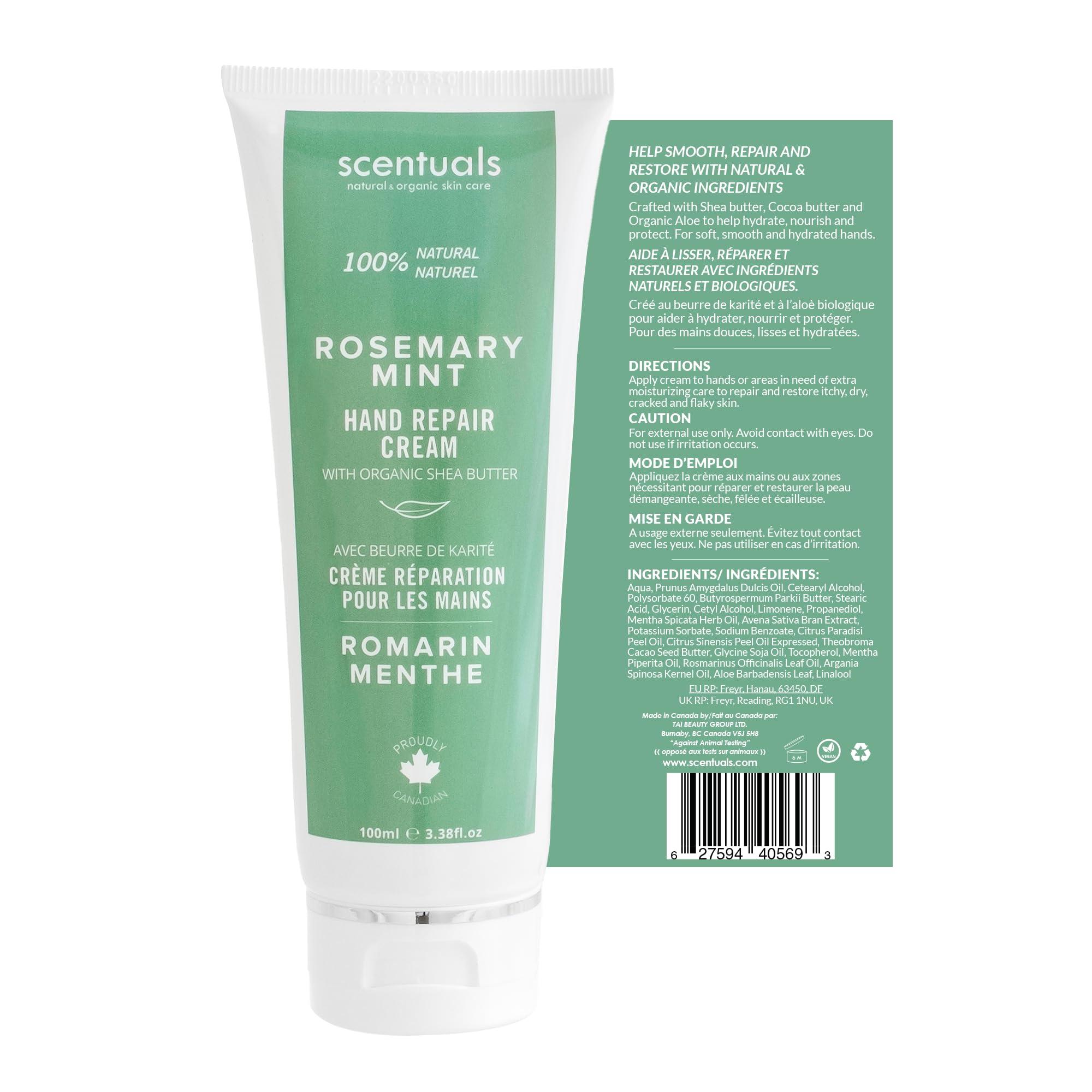 Scentuals Hand Cream with Rosemary & Mint Essential Oil, Shea Butter, Cocoa Butter, Argan & Almond oil, Vitamin E and Aloe Vera, for Moisturizing Dry Hands, Cruelty Free, Natural Skin Care, 100 ml, 3.4 fl.oz