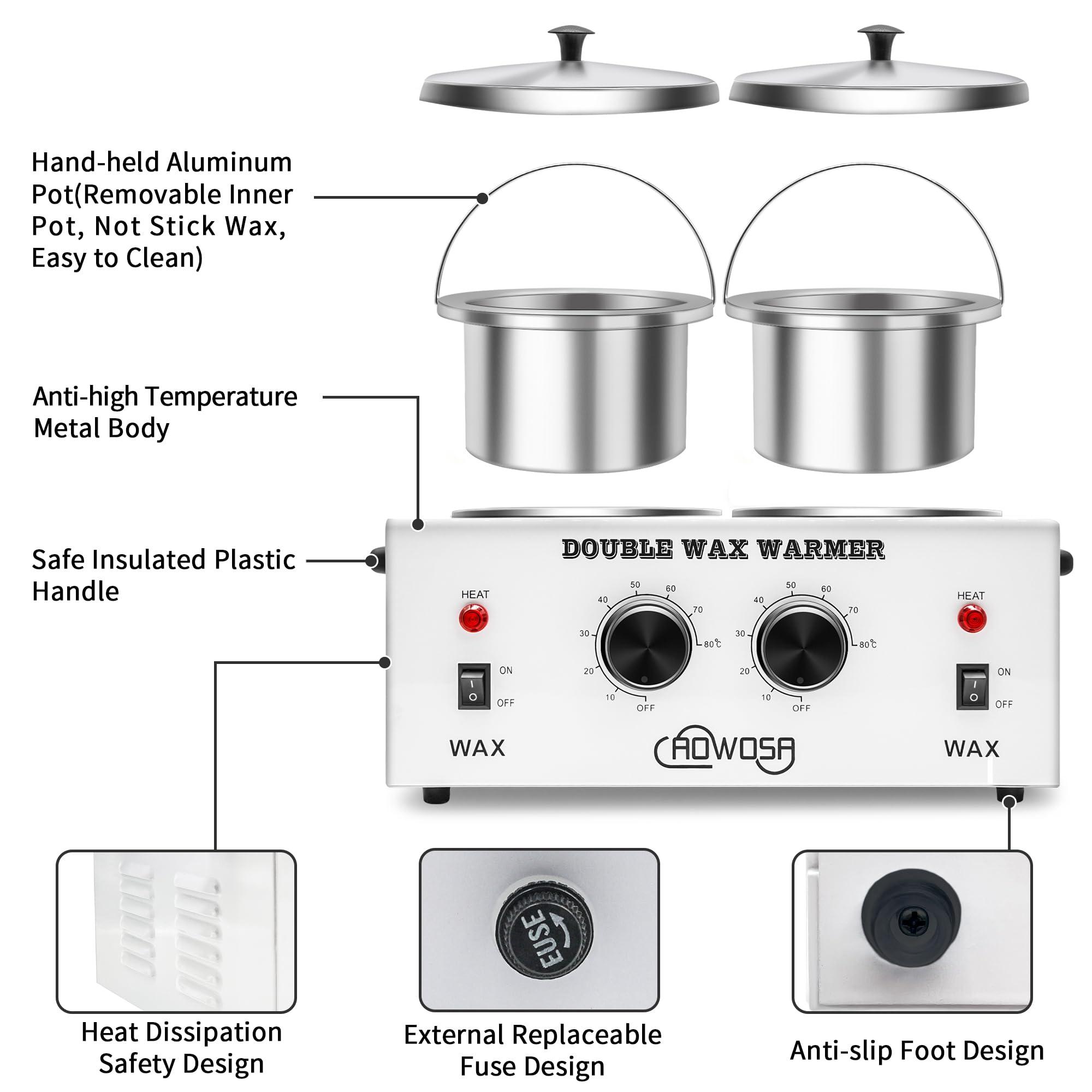 AOWOSA Double Professional Electric Wax Warmer with Dual Pots for Hair Removal, Paraffin Facial, Skin, and Body Spa - Adjustable Temperature, Includes 100 Wax Sticks