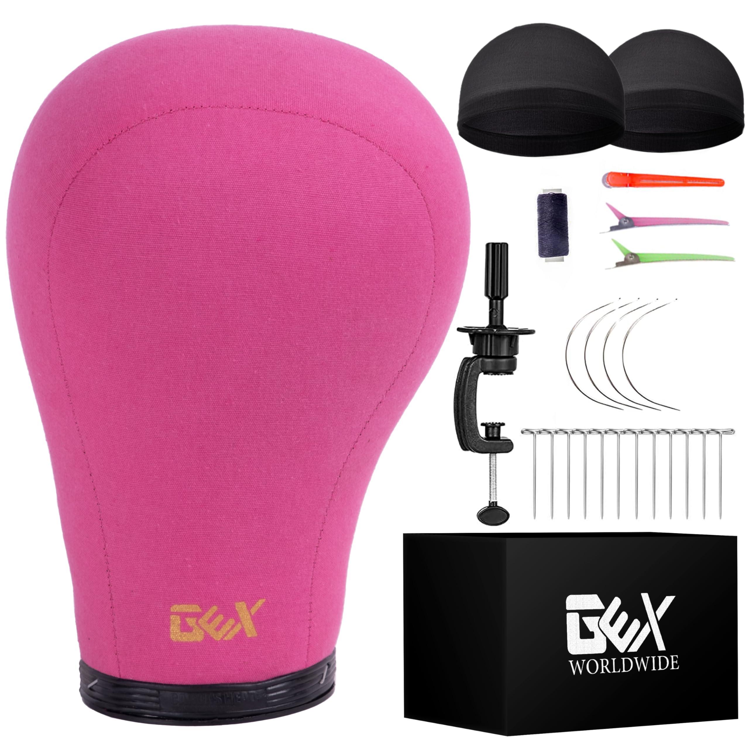 GEXWORLDWIDE GEX 20\"-24\" Canvas Cork Wig Block Mannequin Head for Wig Making Drying Styling Display with Table C Clamp Stand Holder (Rosy 20\")