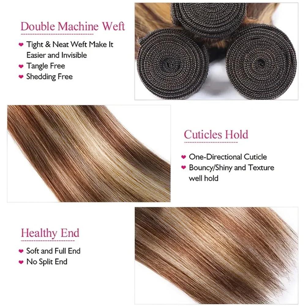 LadrXadr Highlight Bundles 613 Human Hair Bundles #33 Brown Straight Human Hair Bundles 12 14 16 inch 3 Bundles Blonde Human Hair Bundles 613/33 Straight Human Hair Bundles