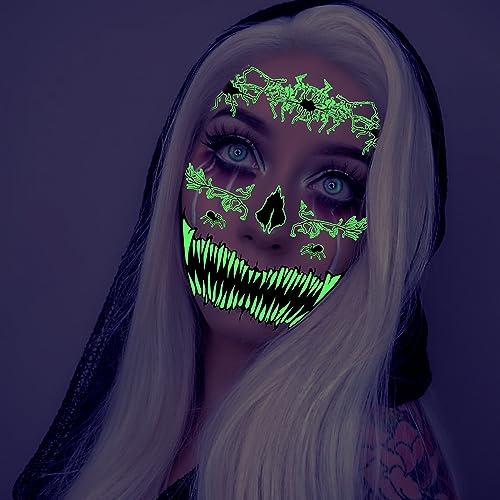 Doneace 10 Sheets Halloween Glow In The Dark Tattoos Face Luminous Temporary Tattoo Waterproof Last Long Glitter Tattoos Stickers Scary Zombie Makeup Kit For Kids Women Girls Boys Adults Party Supplies