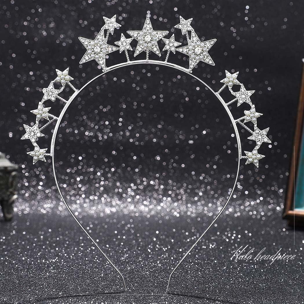 CAKURE CAKURE Star Halo Crown Headband Silver Rhinestone Celestial Wedding Tiaras Crystal Mary Headpiece Party Wedding Hair Accessories for Women and Girls