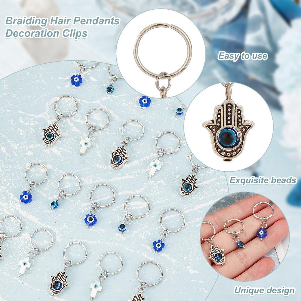 OLYCRAFT OLYCRAFT 24Pcs 4 Styles Evil Eye Braid Hair Clips Hair Braid Rings Cross Round Flower Hamsa Hand Hair Jewelry for Braids Dreadlock Braid Charms Accessories Hair Rings Jewelry for Women Hair Accessory