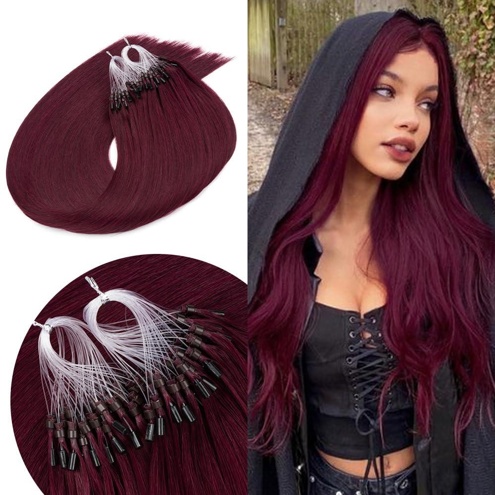 Senmy Senmy Micro Link Hair Extensions Human Hair Red Hair Extensions Burgundy Micro Loop Hair Extensions Real Human Hair 1g/strand 50g Deep Wine Red 14inch Microlink Hair Extensions #99J