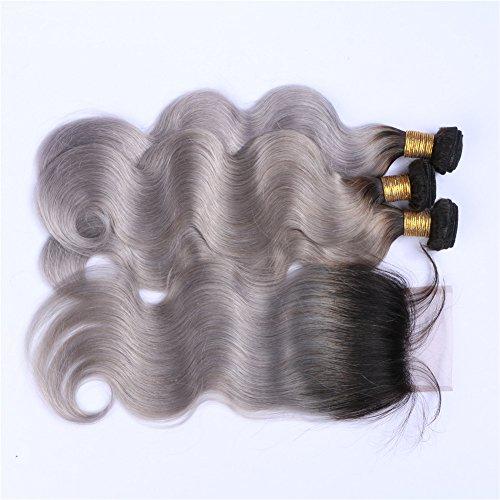 Tony beauty hair Tony Beauty Hair Silver Grey Ombre Brazilian Human Hair Wefts With Closure Body Wave Dark Roots 1B/Grey Ombre 4x4 Lace Closure With 3 Bundles 4Pcs Lot (24 24 24 with 20)