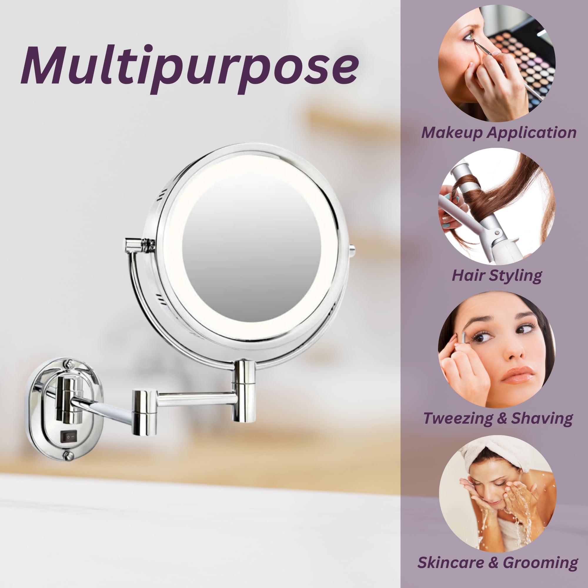 Jerdon JERDON Wall-Mounted Chrome Makeup Mirror with LED Lighting  5X-1X Magnification & 14 Extension - Direct Wire - Model HL65CD