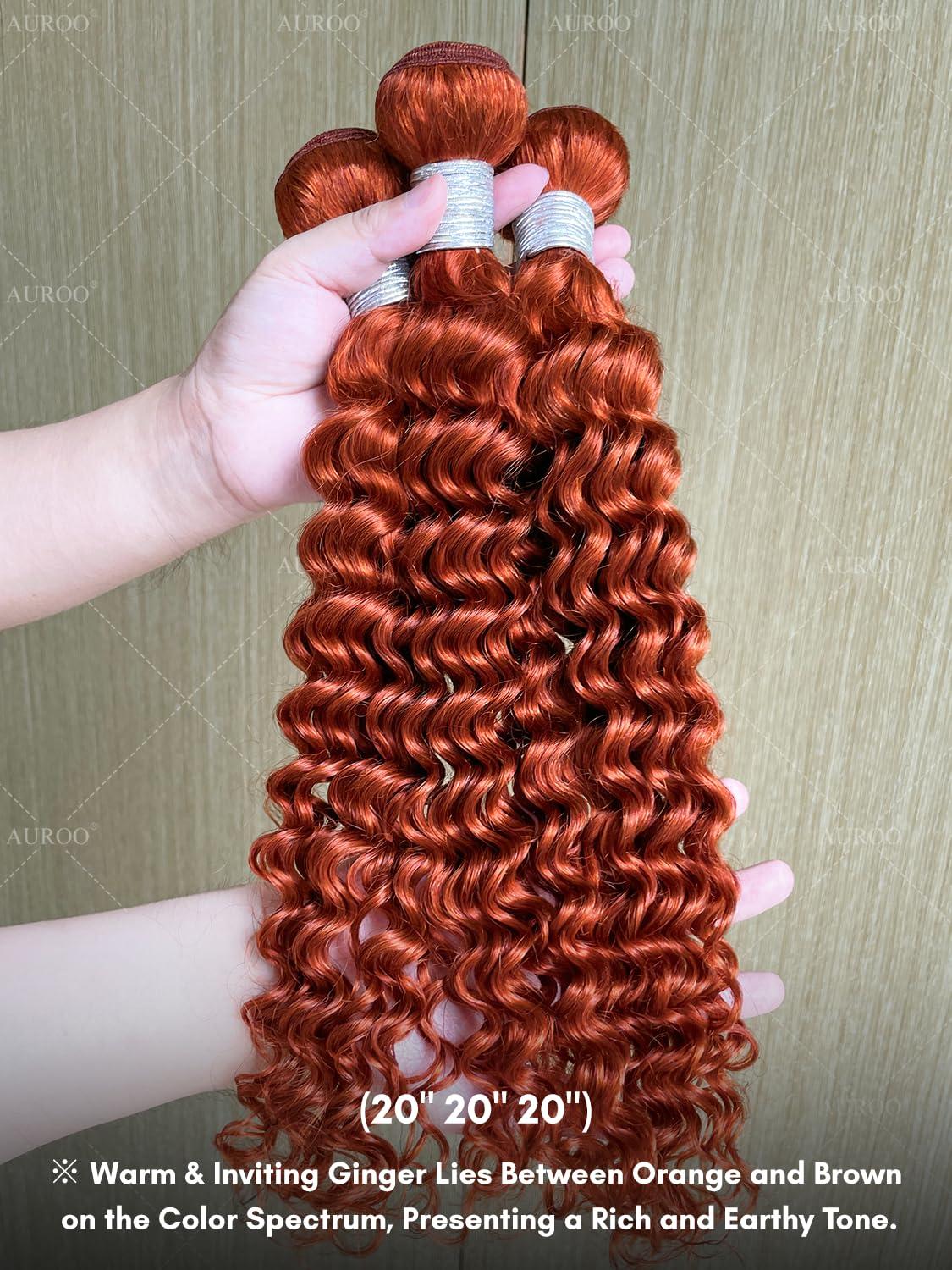 AUROO AUROO Ginger Bundles Human Hair 14 16 18 20 inch, Burnt Orange Deep Wave Human Hair Bundles Curly Ginger Hair 100% Virgin Remy Brazilian Weave Soft Thick 350 Ginger Wavy Bundles Human Hair Sew In