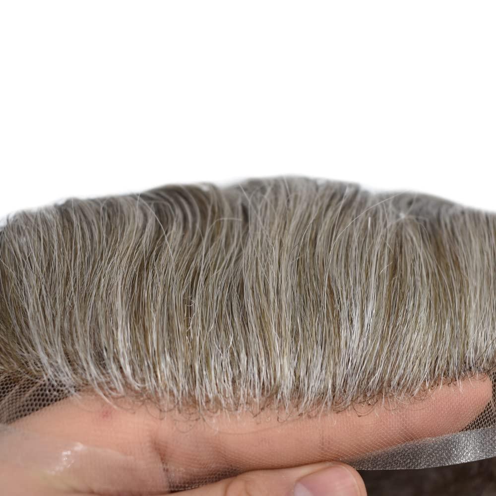 Fancyhair Mens Toupee Human Hair Replacement Systems Full French Lace Toupee For Men European Remy Human Hair Pieces All Swiss Lace Grey Brunette Blonde Wavy Mens Wig Unit 8\"x10\" #630 Light Brown with 30% Gray-100% density