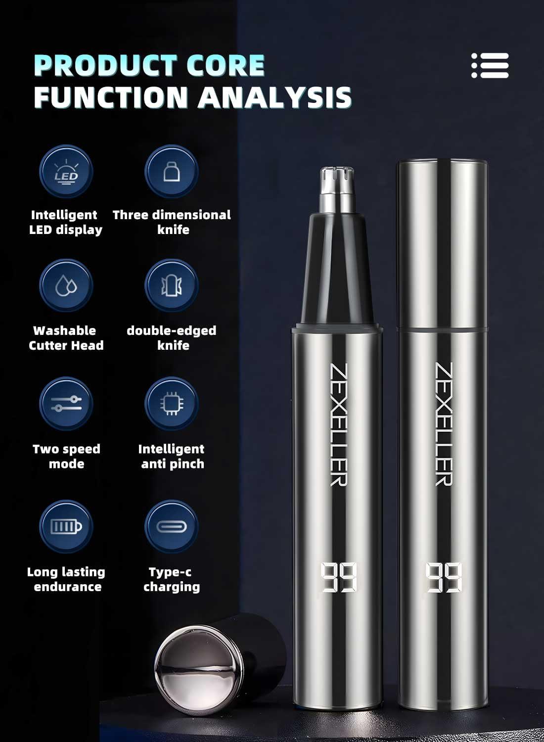ZEXELLER ZEXELLER Ear and Nose Hair Trimmer with LED Display, Two Gear Adjustment Mode, Painless USB Rechargeable Nose Trimmer for Men Women, Professional IPX7 Waterproof Dual Edge Blades Nasal Trimmer