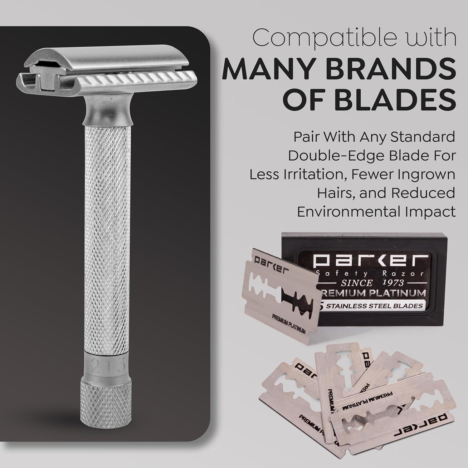 Parker Safety Razor The Parker Variant ADJUSTABLE Double Edge Safety Razor, Customize your Shave with a Turn of the Dial from Mild to Aggressive - 5 Blades Included (SATIN CHROME)