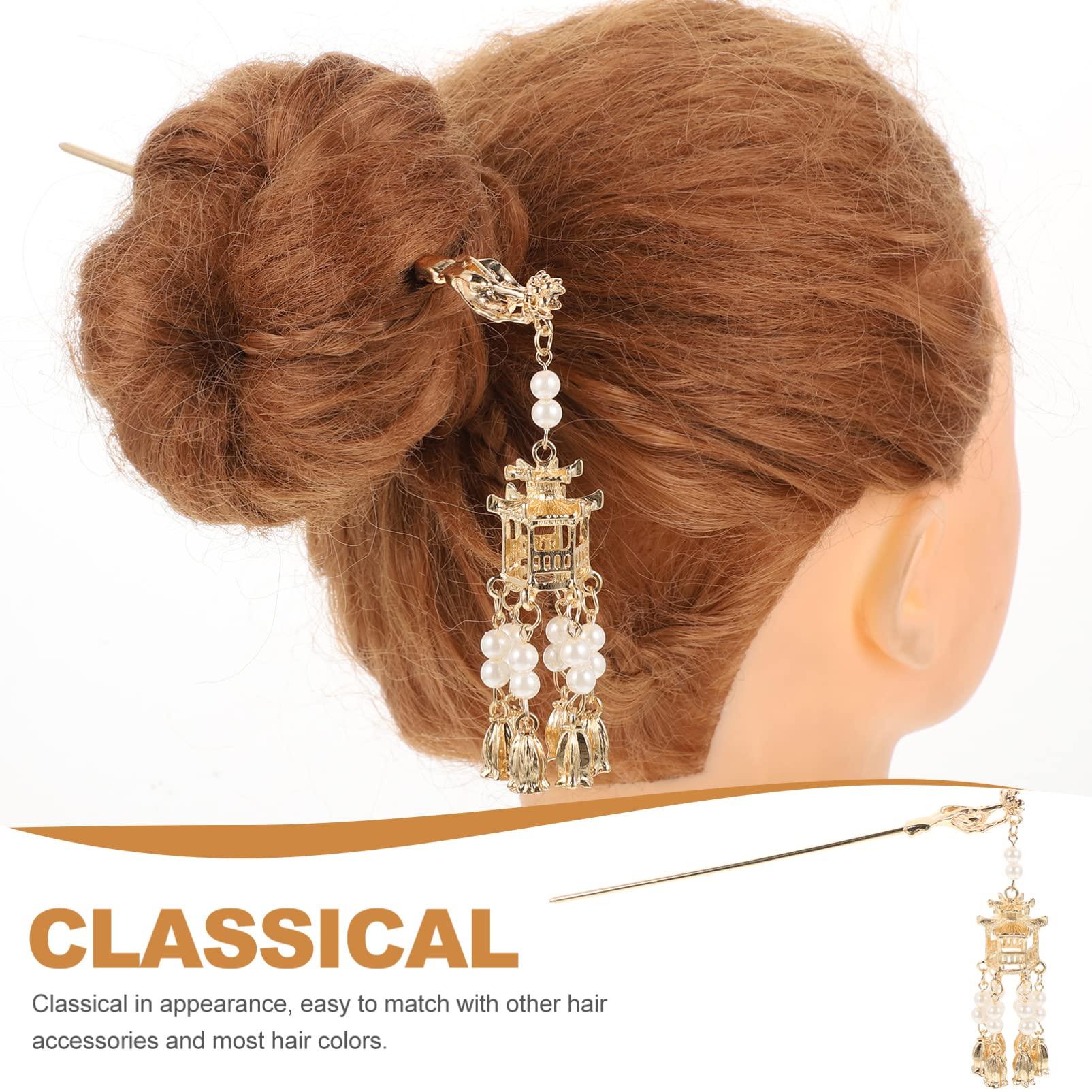 KALLORY Tassel Hairpin, Pearl Hair Stick Retro Hair Bun Pin Pendant Pearls Tassel Hair Chopstick