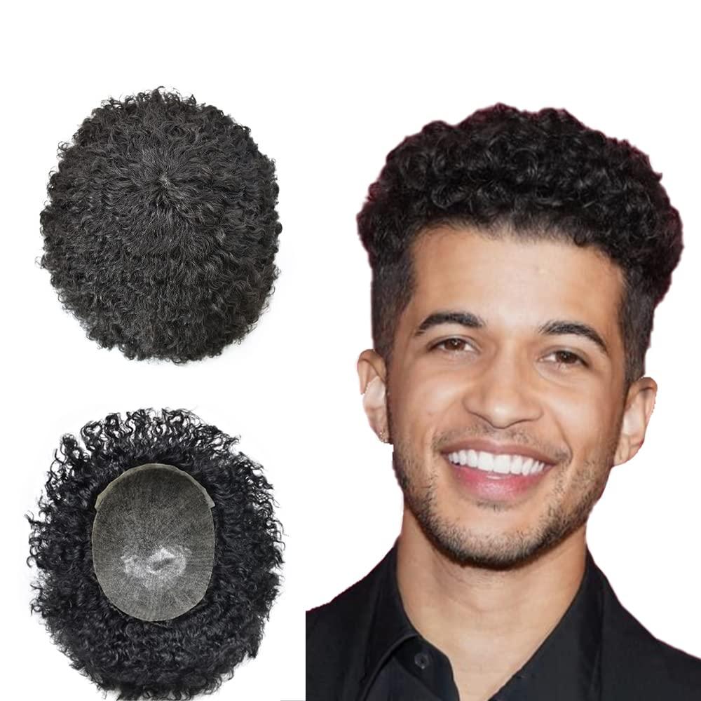 Generic Afro Toupee for Black Men Brazilian Human Hair Replacement Systems Kinky Curly Hair Units for Black Man 8X10 All PU Injected Mens Toupee Male Hair Prosthesis (12mm afro wave, 1# JET BLACK)