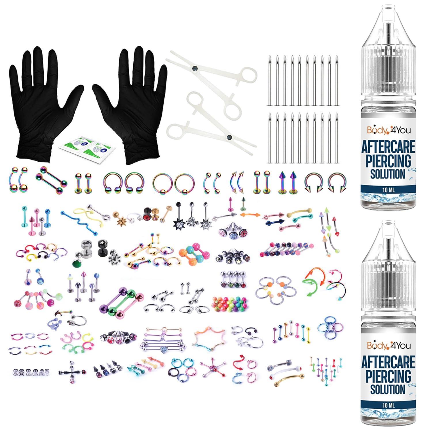 BodyJ4You BodyJ4You Piercing Aftercare Saline Cleanser - Professional Piercing Kit 14G 16G 18G - Belly Button Nose Lip Ear Tragus - 156PC Complete Set