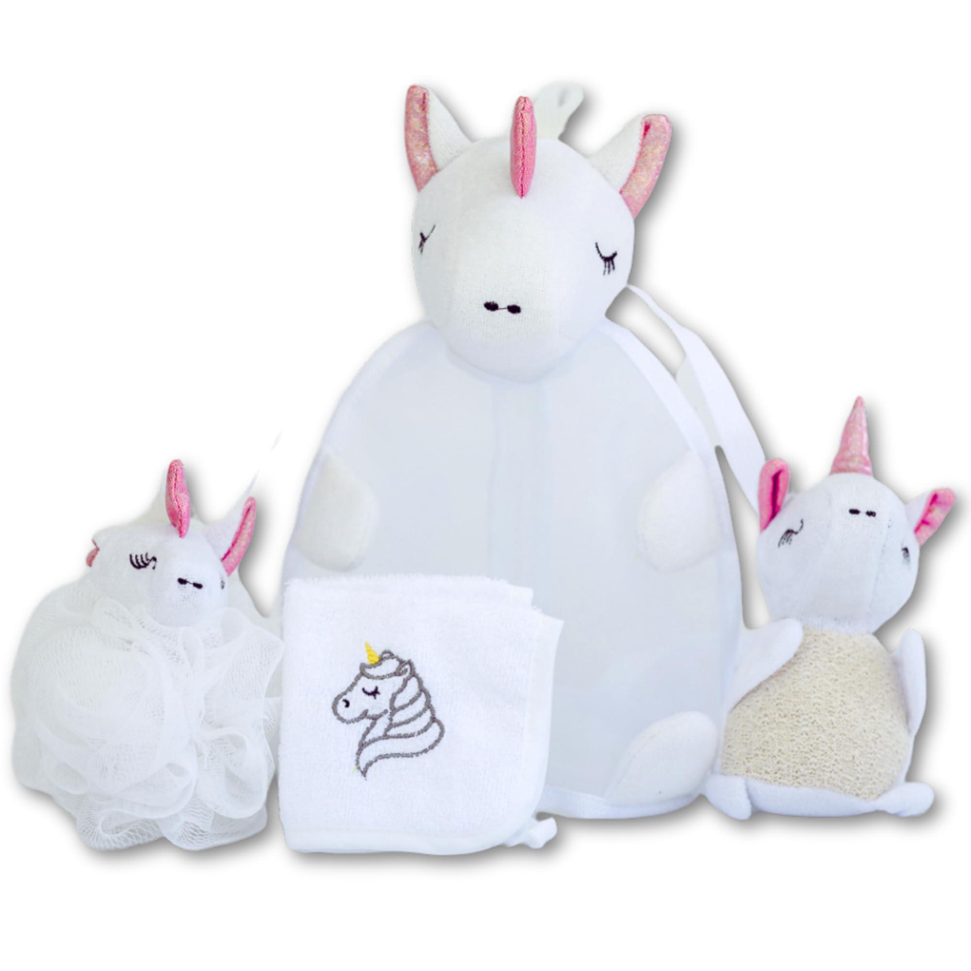 Pure Body Kids Bath Sponge Kit, White Unicorn Shaped Mesh Sponge, Facial Towel and Double Strap Bag