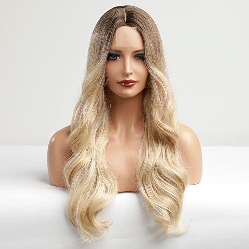 EMMOR EMMOR Long Curly Blonde Wigs for Women Middle Part Synthetic Wig Natural Looking Heat Resistant Fiber Lace Wigs 26 Inch (Creamy Blonde)