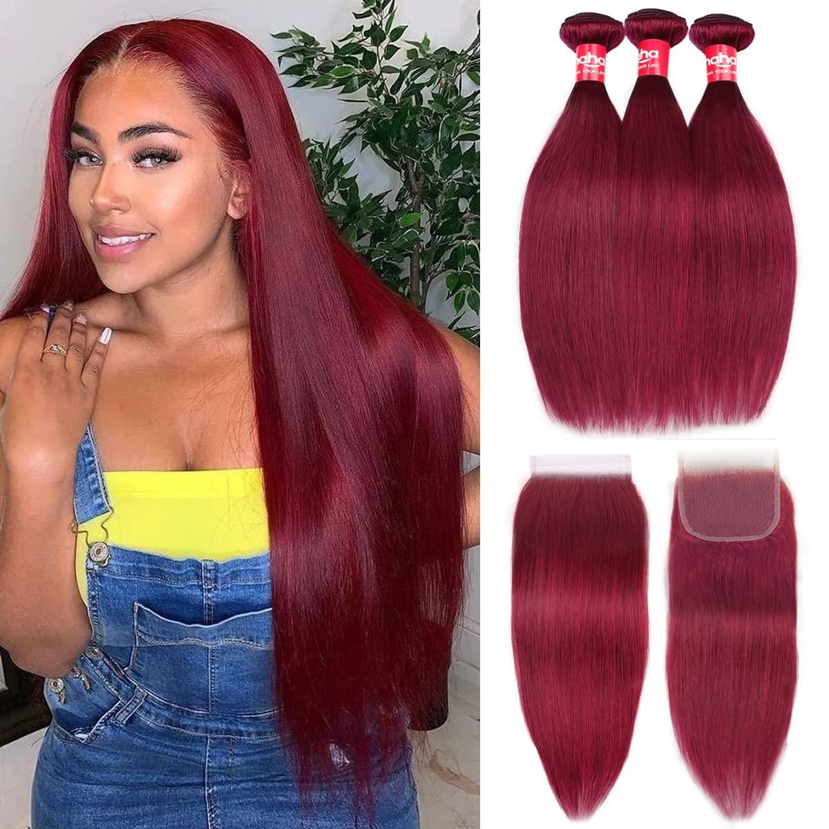 haha Haha 99J Burgundy Bundles With Closure Human Hair Straight Wine Red Human Hair Bundles With 4x4 Lace Closure Pre Plucked Free Part 10A Brazilian Raw Remy Virgin Hair Extensions 16 18 20+14